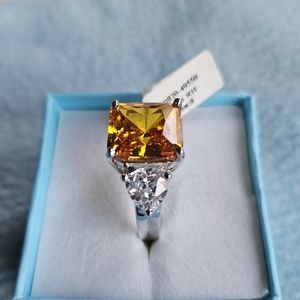 Orange Sapphire Ring With Side Stones, Size 8, Silver, Amber Color, NWOT